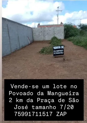 Vende se um lote 7/20 a 2 km da Praça de São José no povoado da Mangueira  valor R$ 12.000