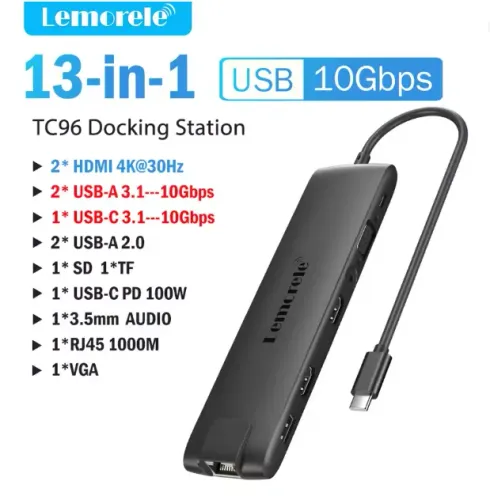 Dockstation Lemorele 13 em 1 - 2x HDMI, 2X USB, USB-C, RJ-45, VGA, Micro-SD, Audio e +