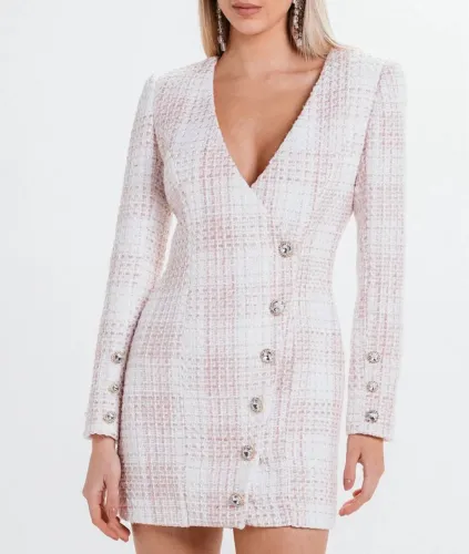 Vestido Tweed Branco e Rosa com Botões de cristal