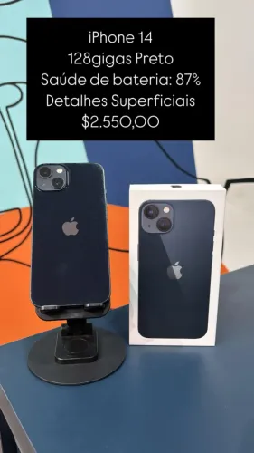 iPhone 14 / 128GB / Preto / Saúde de bateria 87% / R$ 2.550,00