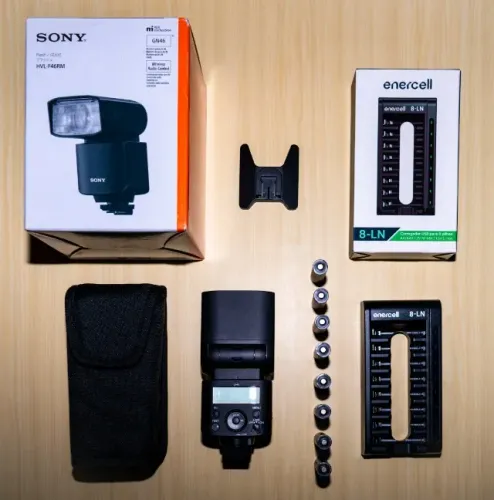 FLASH SONY HVL F46RM + 8 PILHAS RECARREGAVEIS Fujitsu 2550 + CARREGADOR ENERCELL p/8pilha