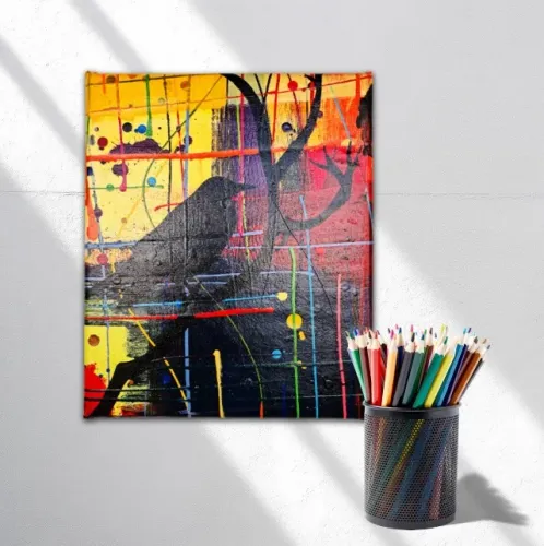 Mini quadro único Decorativo de Pássaro preto Em fundo Abstrato