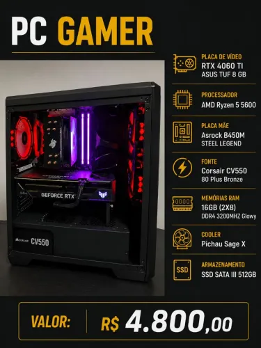 PC Gamer 16GB RAM RTX 4060 TI Asus Tuf 8gb