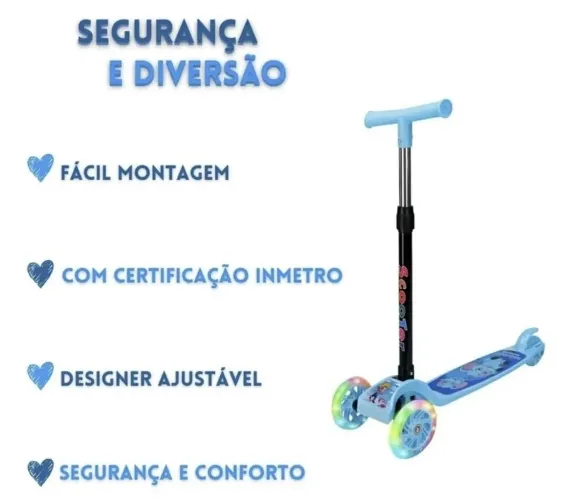 patinete infantil dobrável azul, ajustável e dobrável, não possui luz de led