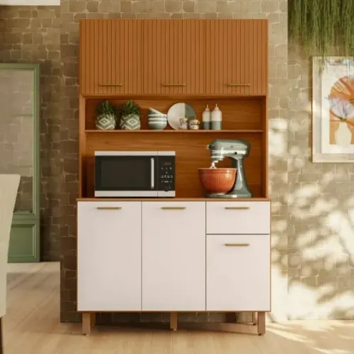 Kit Armário Cozinha New Livia 6 Portas Freijó Ripado Off White - Montagem Grátis 