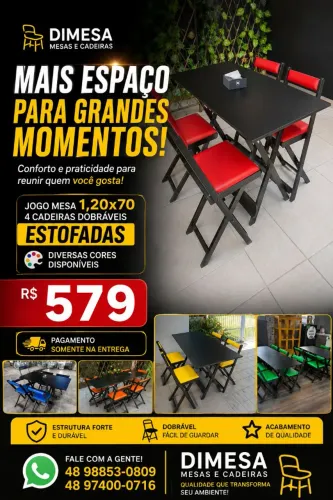Conjunto 1,20x70 com 4 cadeiras dobráveis estofadas