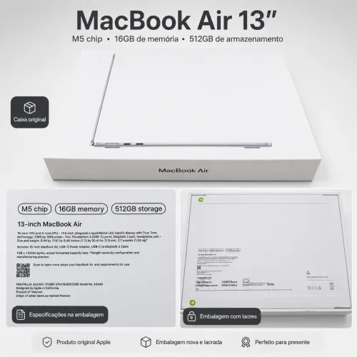 MacBook Air 13? M5 16GB 512GB Prateado ? Novo/Lacrado
