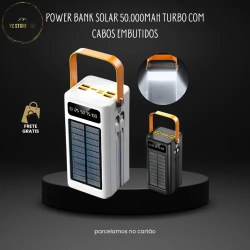 Power Bank Solar 50.000mAh Turbo com Cabos Embutidos | Carregador Portátil Rápido