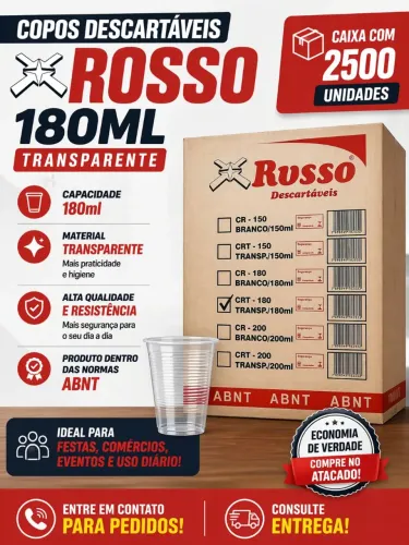 Copo Transparente180ml CX com 2500copos Descartáveis