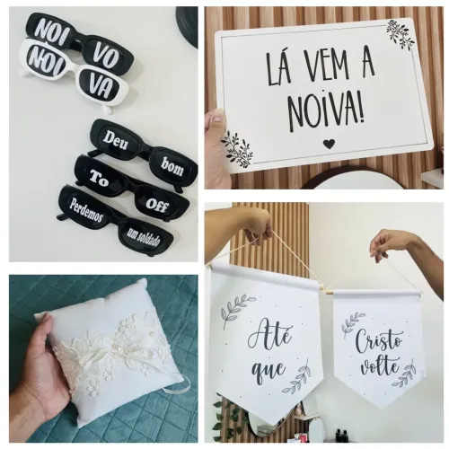 Kit itens de casamento, flâmulas, porta aliança, plaquinha e óculos 