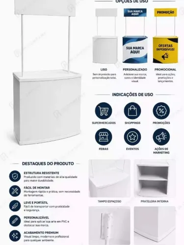 Balcão PDV Desmontável PVC Branco Com Case Portátil Com Prateleira Interna P/ Eventos