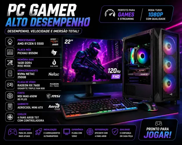 PC Gamer RX7600 + Ryzen 5 5500 16GB de RAM - Setup Impecável + Brinde supresa