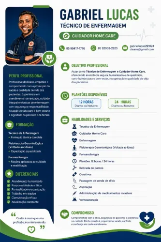 Técnico de enfermagem e cuidador home Care 