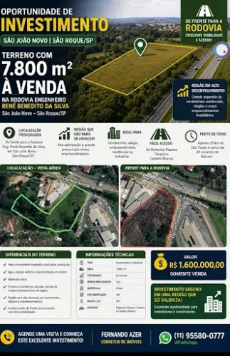 Área - Terreno à venda, 7800 m² por R$ 1.600.000 - São João Novo - São Roque/SP