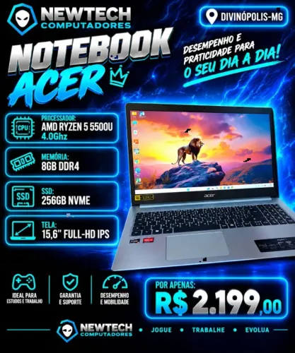 Notebook Acer Ryzen 5 5500U 4Ghz / Mem 8Gb / SSD 256Gb / Tela 15.6" Full-HD IPS