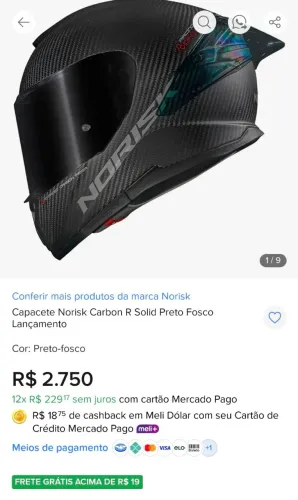 Capacete Norisk Carbon R Solid Preto Fosco<br>Lançamento