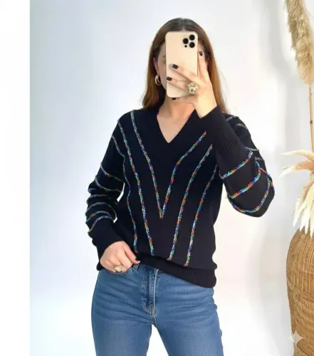 Blusa Tricot com listra flofly em V Cachemire Premium alta qualidade