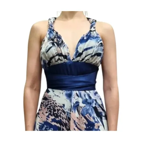 Vestido de festa longo estampado - Casamento e formatura - Azul e rosa claro - P