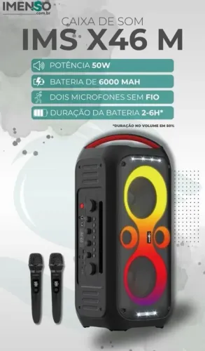 Caixa De Som C/ Karaokê Imenso X46 50w C/ 2 Mic Rgb