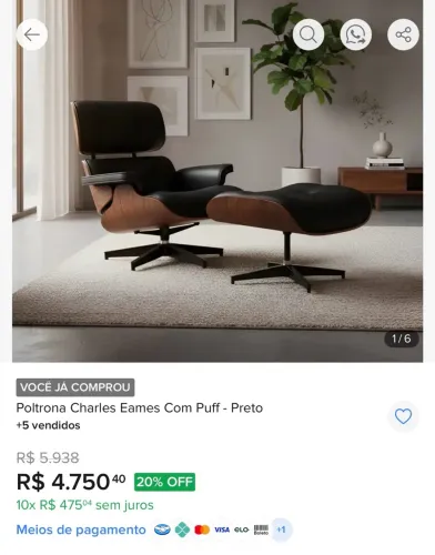 Poltrona Charles Eames Preta com Puff - Seminova