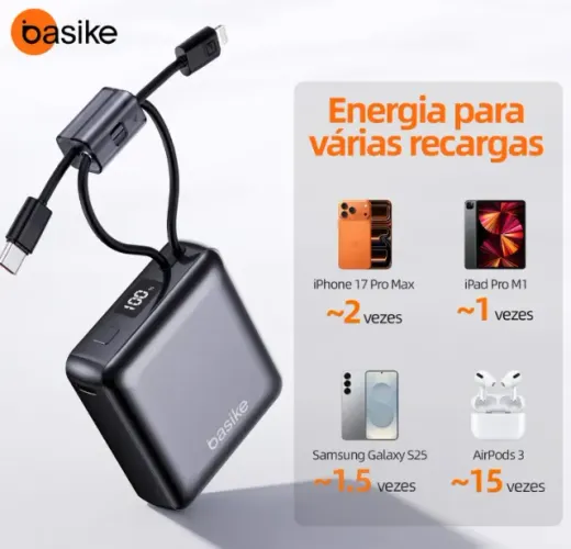 Power Bank 10000mAh com cabo embutido, recarga rápida 