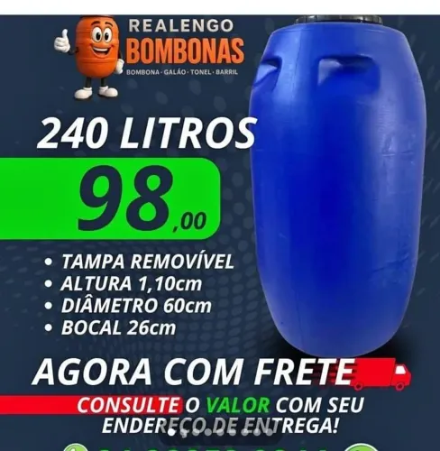 Bombona 240 Litros pra Água Gelo Obra Ração Óleo, Bombonas, Galão, Tonel, Tambor, Barril 
