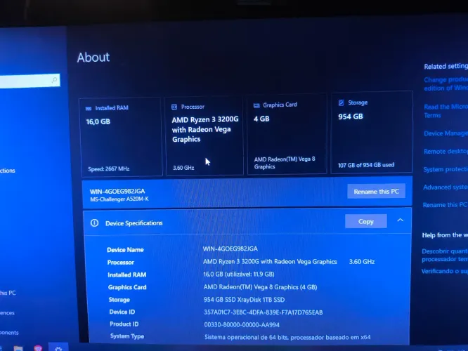 PC Ryzen 3 3200G 16gb de RAM, 1TB de Armazenamento
