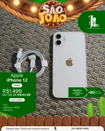 IPHONE 12, 64GB, BRANCO, BAT 100%, SEMINOVO, EXCLUSIVO!