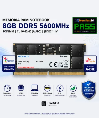 Memória RAM 8GB DDR5 5600MHz CL46 ADATA (Notebook | Original Lenovo)