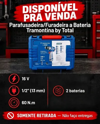 Parafusadeira/ Furadeira<br>Duas bateria<br>Carregador<br>16V<br>1/2<br>60 N.m<br>$ 650