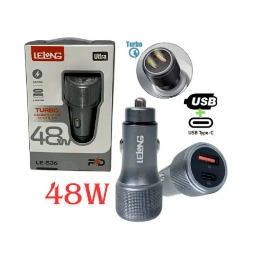 Carregador Veicular Turbo 48W 2 Portas USB A e Usb C