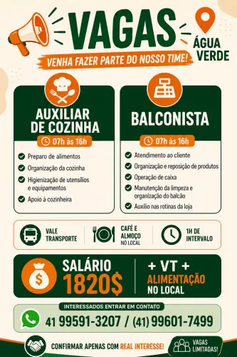 Auxiliar de cozinha/Balconista - Agua verde