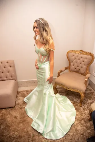 Vestido de Festa Verde Sereia Bordado