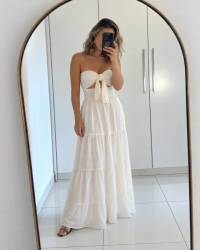 Vestido Longo Branco Tomara que Caia com Amarração