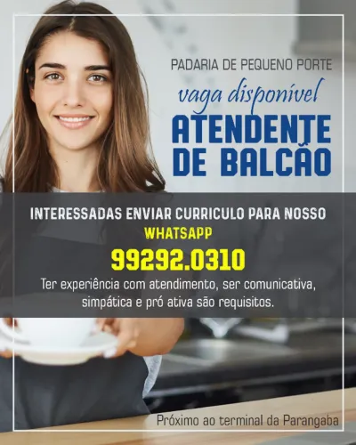 Vaga para Atendente Balconista de Padaria - 14h as 21h30