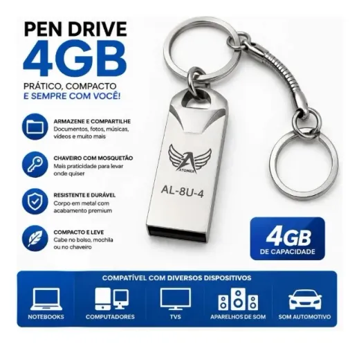 Pen Drive Chaveiro 4gb Usb Portátil Em Metal Para Notebook Loja Coimbra Computadores