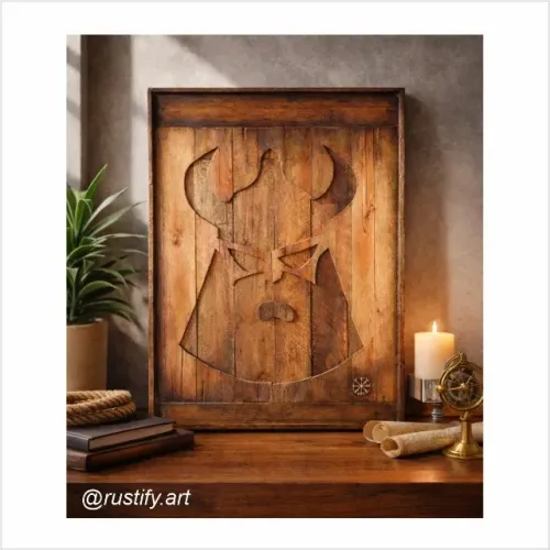 Quadro Viking estilizado: arte imponente em madeira reciclada para decoração única