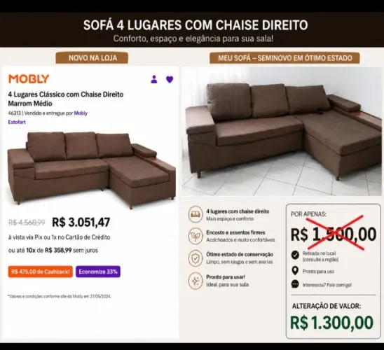 SOFA 4 LUGARES COM CHEISE DIREITO