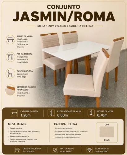 Mesa de jantar Roma 1,20x0,80 + 4 cadeiras