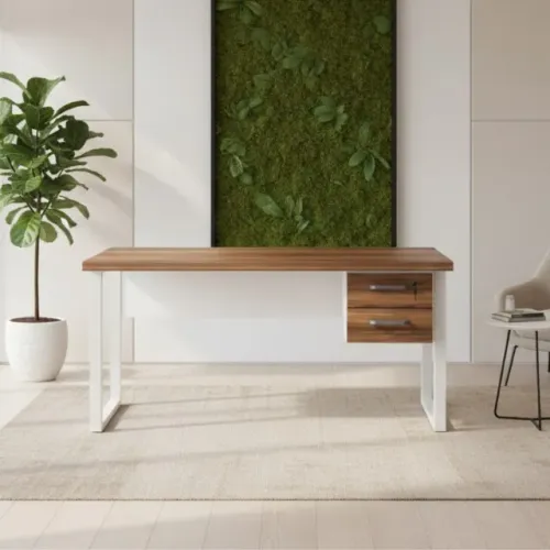 Mesa De Escritório Com Gavetas E Estrutura Metálica Nogal Branco 34322