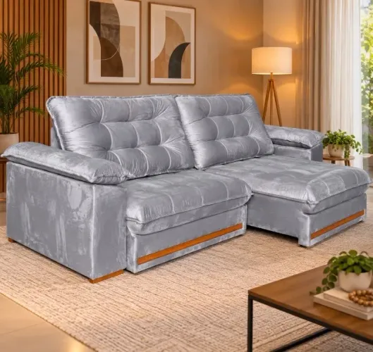 Sofá Retrátil e Reclinável Confort Elegance 2,10 m Veludo Cinza