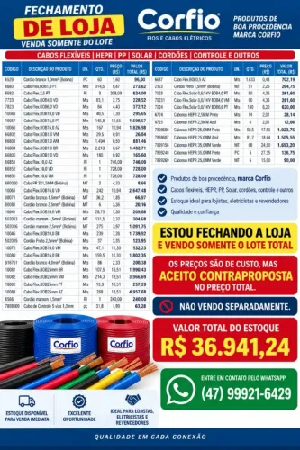 Vendo lote de cabos Corfio,motivo da venda fechamento de loja,Aceito Contraproposta..