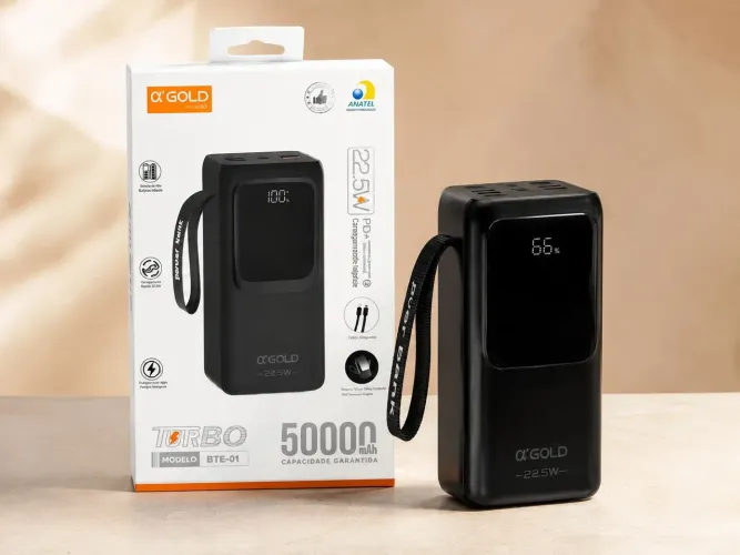 Power Bank 50000mAh 22,5W com Cabos Integrados e Display Digital