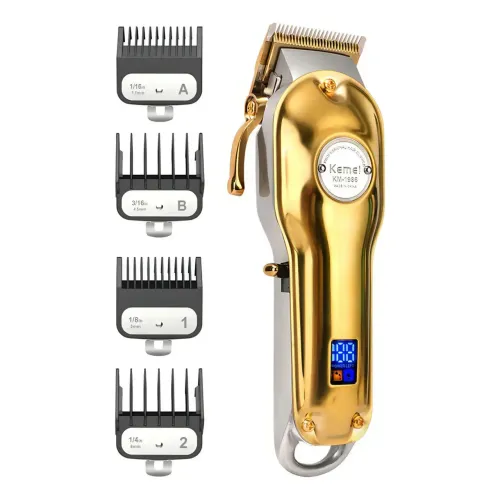 Máquina Profissional Kemei de Cortar Cabelo Dourada com Visor