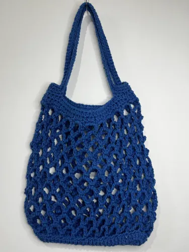 PRONTA ENTREGA Bolsa Azul Vazada em Crochê Barbante Acessórios Moda Feminina
