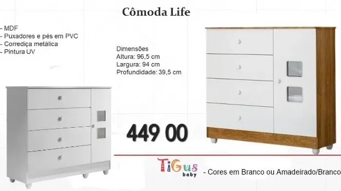 Cômoda Life 4 Gavetas - Branco ou Amadeirado FRETE GRÁTIS