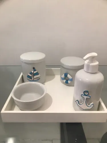 Kit Higiene Infantil Porcelana- Tema Náutico com bandeja