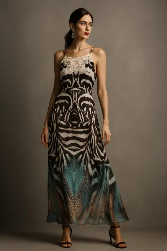 vestido longo estampado com renda ilícito