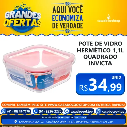 Pote De Vidro Hermético 1,1L Quadrado Invicta