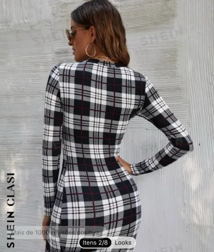 Vestido xadrez manga longa SHEIN